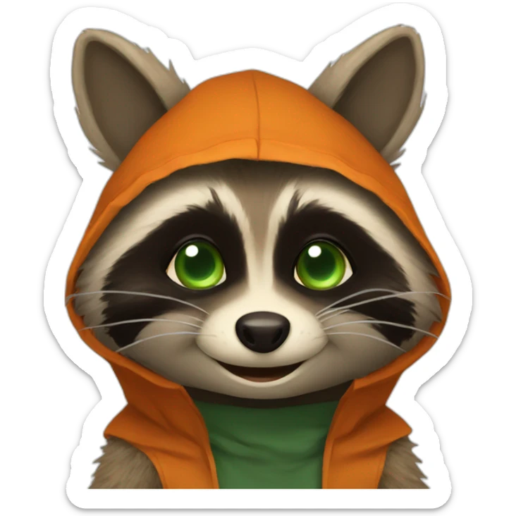 brown raccoon with orange eyes and a dark green hood that smile sticker