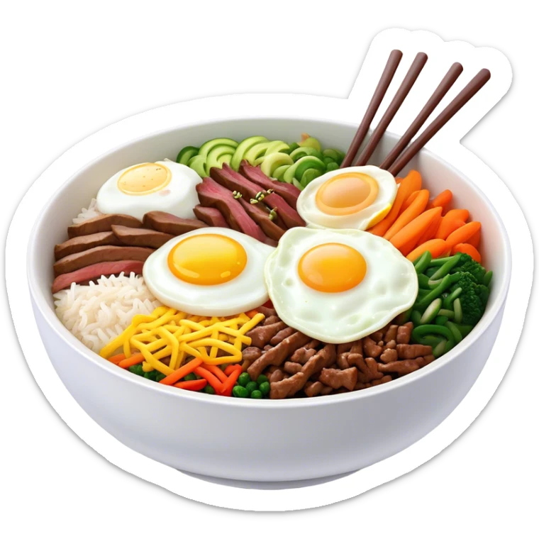 Cinematic Realistic Bibimbap Dish Emoji, showcasing a colorful bowl of mixed rice, assorted vegetables, beef, and a fried egg rendered with lifelike detail and vibrant, harmonious lighting. sticker