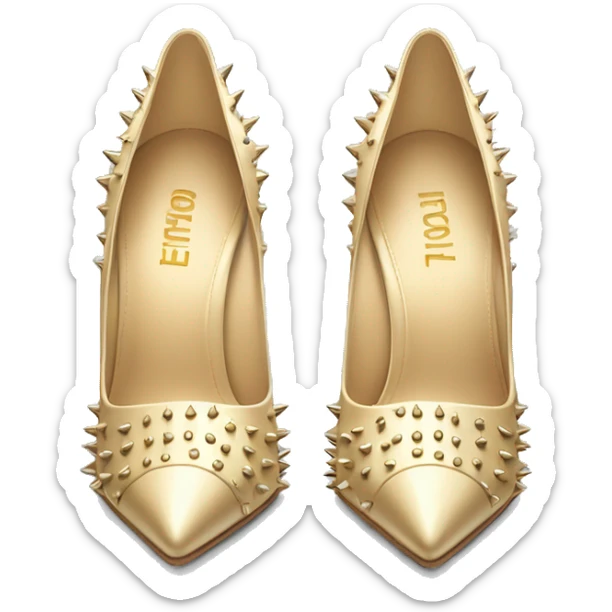 Realistic isolated top view of a pair of light champagne gold spikey pointed toe high heel shoes.  sticker