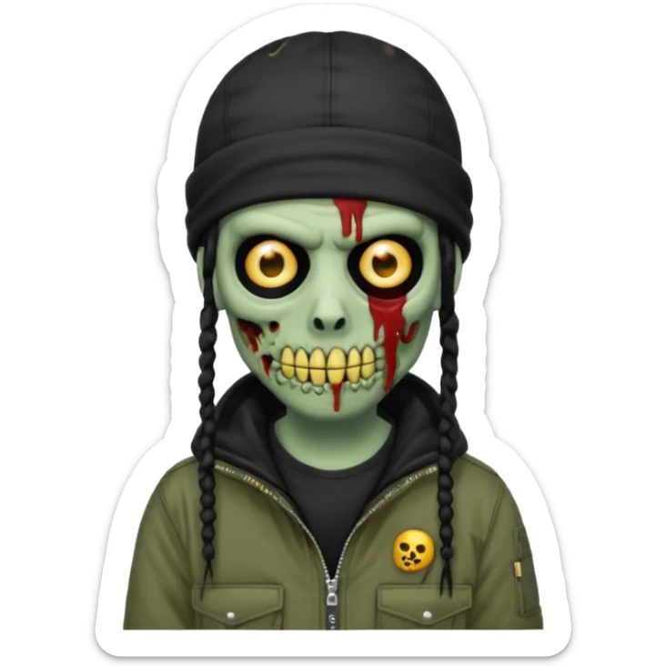 a zombie emoji with black dreads and a black carheartt jacket and black nike ski mask on his head sticker