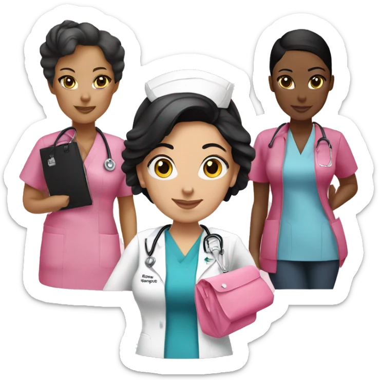 Nurse ,white woman, black hair in a bun,pink scrubs ,Louis Vuitton bag  sticker