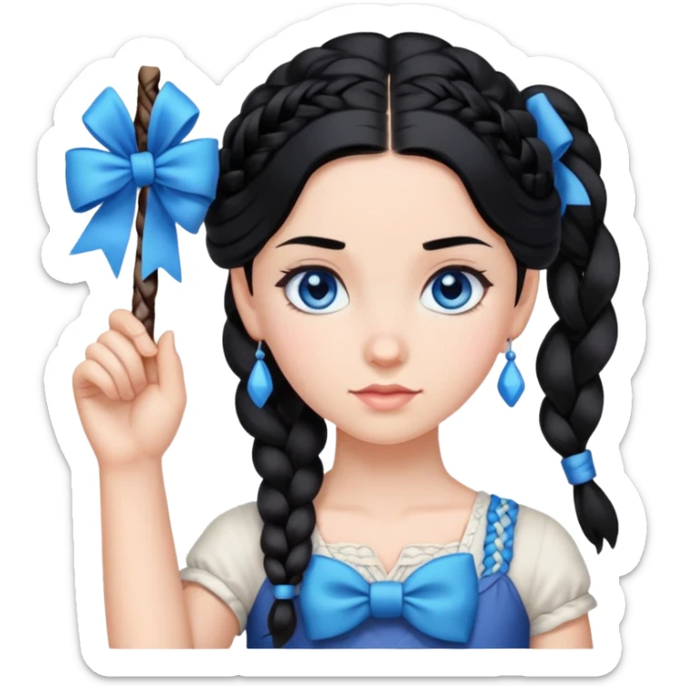 girl with black hair in one braid and blue eyes with a bow in her hand sticker