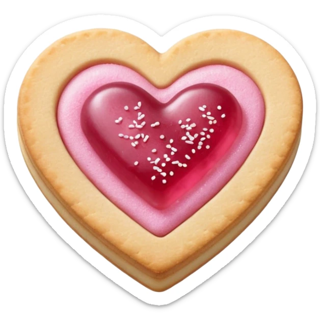 Realistic shortbread cookie in the shape of a heart with pink jelly middle filling and sprinkled powder sugar on top. sticker