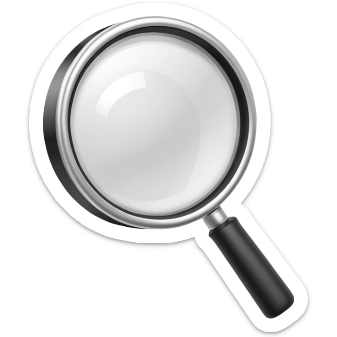 A 3D rendered magnifying glass, tilted right, frosted glass lens, in black and white, subtle shadows, background, high detail, cinematic lighting, app icon style

 sticker