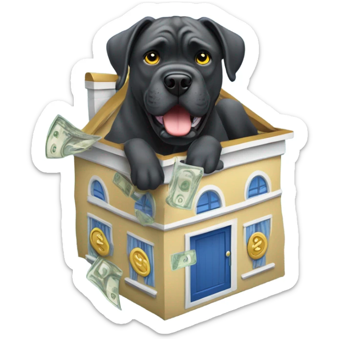 A Cane Corso buying a blue and gold house with money in his mouth. sticker