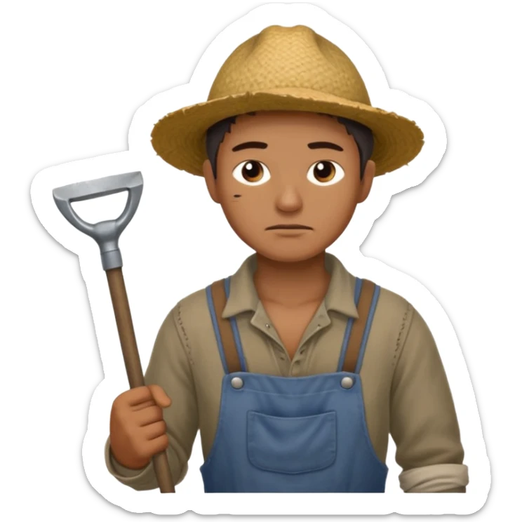 Emoji portrait of a male agricultural slave. He has a tired expression and wears rough clothes, holding a hoe over his shoulder. sticker