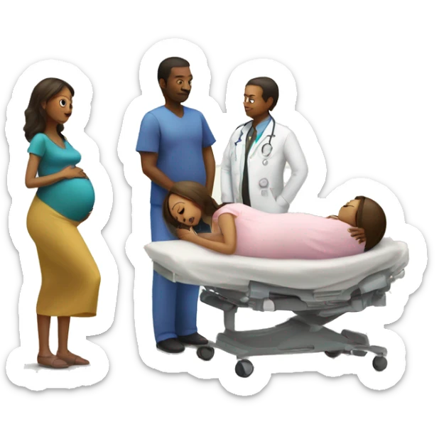 a pregnant woman gives birth and doctors stand nearby sticker