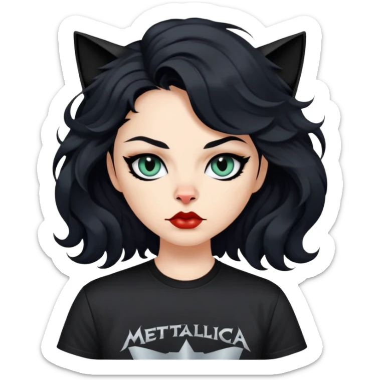 I want a jet black wavy hair bitmoji with cat eye type of eyes, full lips, small nose, fair skin wearing a Metallica shirt sticker