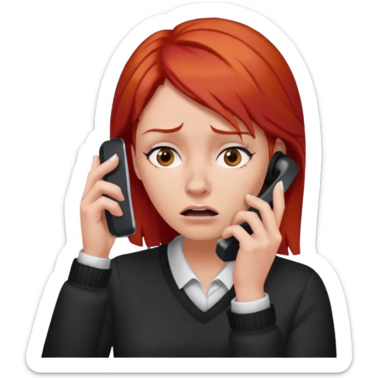 woman with red hair, frustrated, holding a phone to her ear, waiting on hold sticker