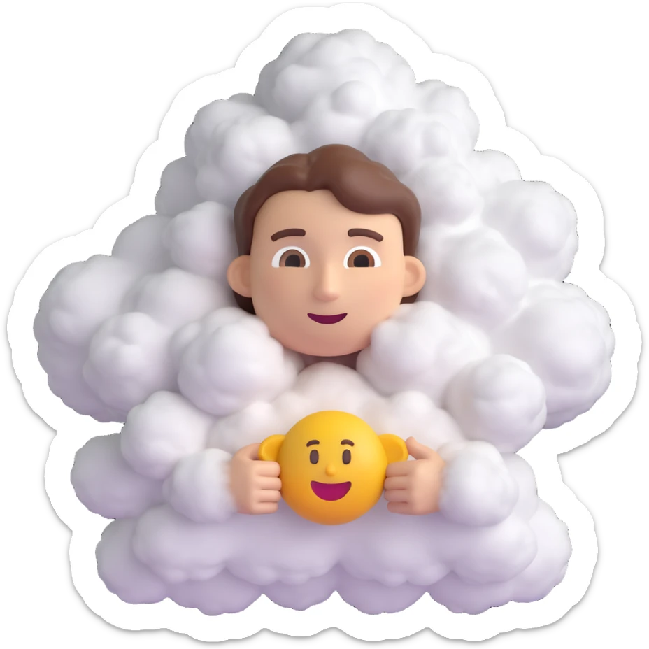 a person made entirely of fluffy clouds, up to the shoulders, voluminous 3D emoji style sticker