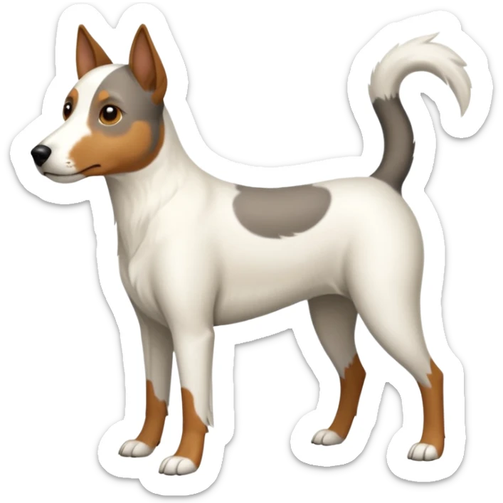a full body large white floppy eared parson russell looking dog the size of a kelpie with light brown ears and a light brown patch on one eye and a large snout sticker