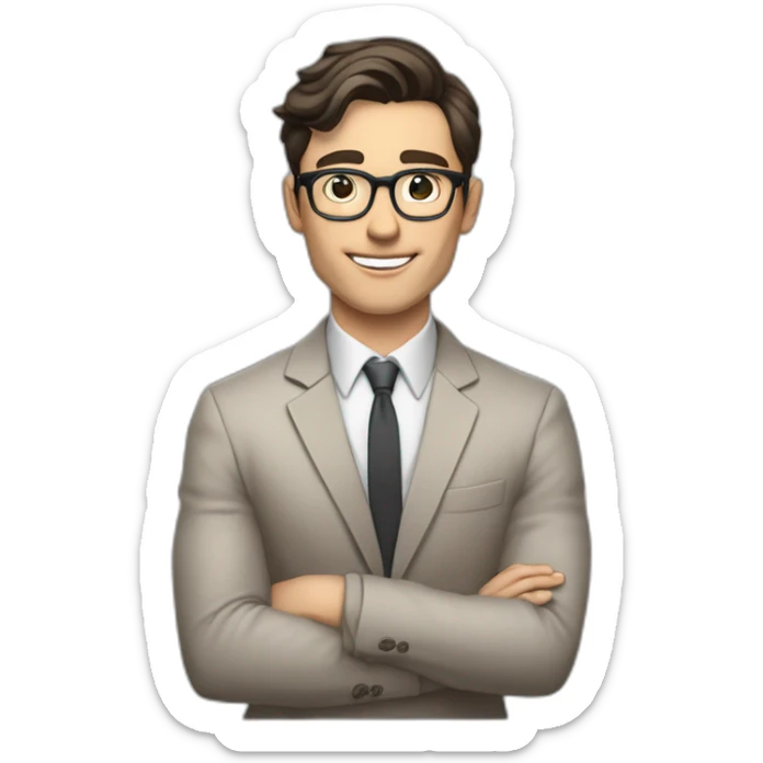 Pale skinned Fit Man With dark brown hair in gray jacket, beige office shirt and vintage glasses sitting In a soft chair with a notebook with emblem Ψ and a pen in his hands sticker