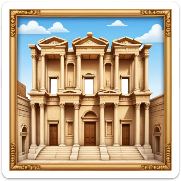 Cinematic Realistic Library of Celsus Landmark Emoji, depicted with an ornate ancient facade rendered with lifelike textures and warm, historical lighting. sticker