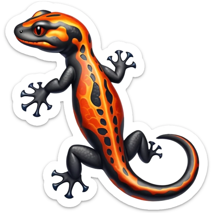 A volcanic salamander with obsidian scales and veins of flowing lava visible beneath its skin, able to shape-shift between solid and semi-molten forms depending on its environment. sticker