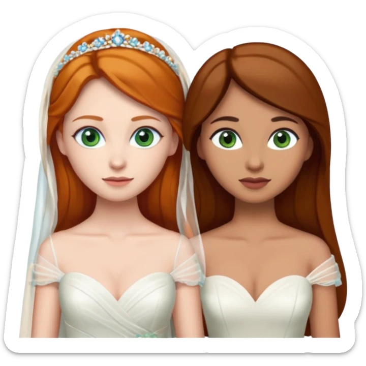 A ginger woman with blue eyes, marrying a taller woman with very dark brown hair and green eyes, both in wedding dresses. sticker