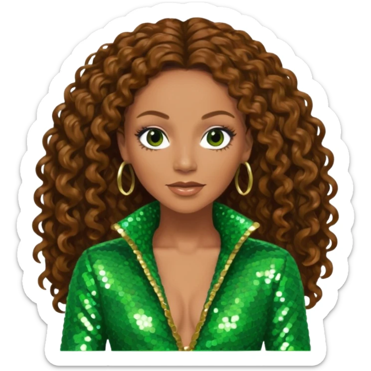 Mel B from Spice Girls with long brown curly hair, green sequin outfit sticker