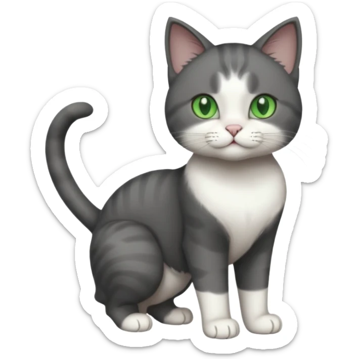 full body view of beautiful female solid dark grey cat with green eyes, white toes/paws and white patch on her chest sticker