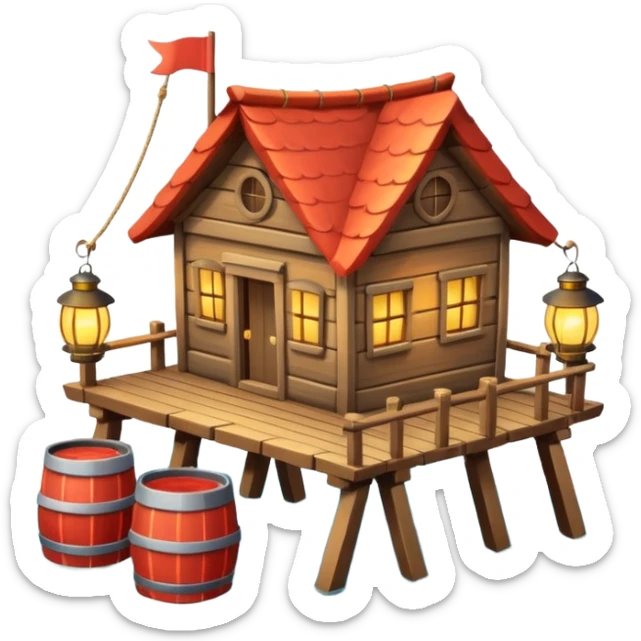 
fisherman house on a wooden pier, small dock, fishing nets hanging, barrels, lantern, ocean vibe, 3D cartoon, cute mobile game icon, clean background, no text
 sticker