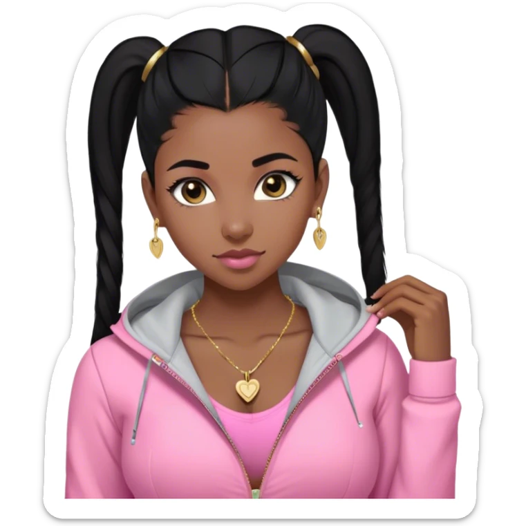 black girl with black straigh hair and baby hairs with pink lululemon jacket with cleavage showing a little n with a gold necklace small heart necklace and gold diamond stud earrings  sticker