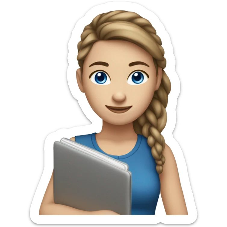 caucasian white IT girl student, holding laptop, blue eyes, brown hair ponytail sticker