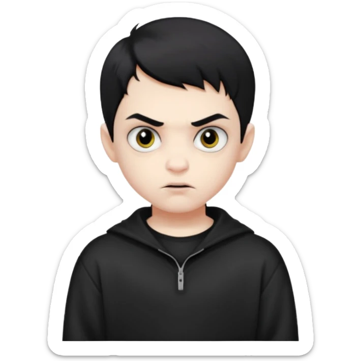 Vampire boy with the short black hair, pale-white skin, black eyes, little fangs and dark circles under his eyes. He has serious face and he wear a black oversize sweatshot sticker