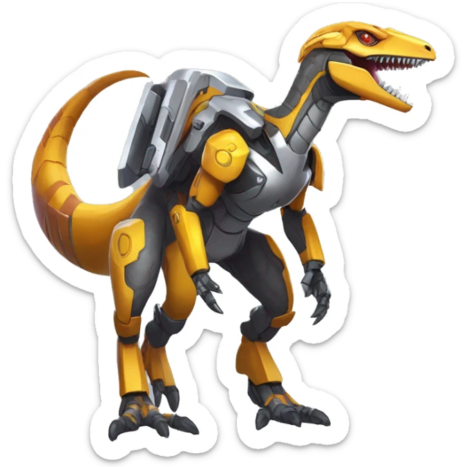 Colorful Edgy Greymon-Velociraptor-Genesect-Fakémon-Pokémon wearing a with a futuristic visor-helmet And Mecha-suit Full Body sticker