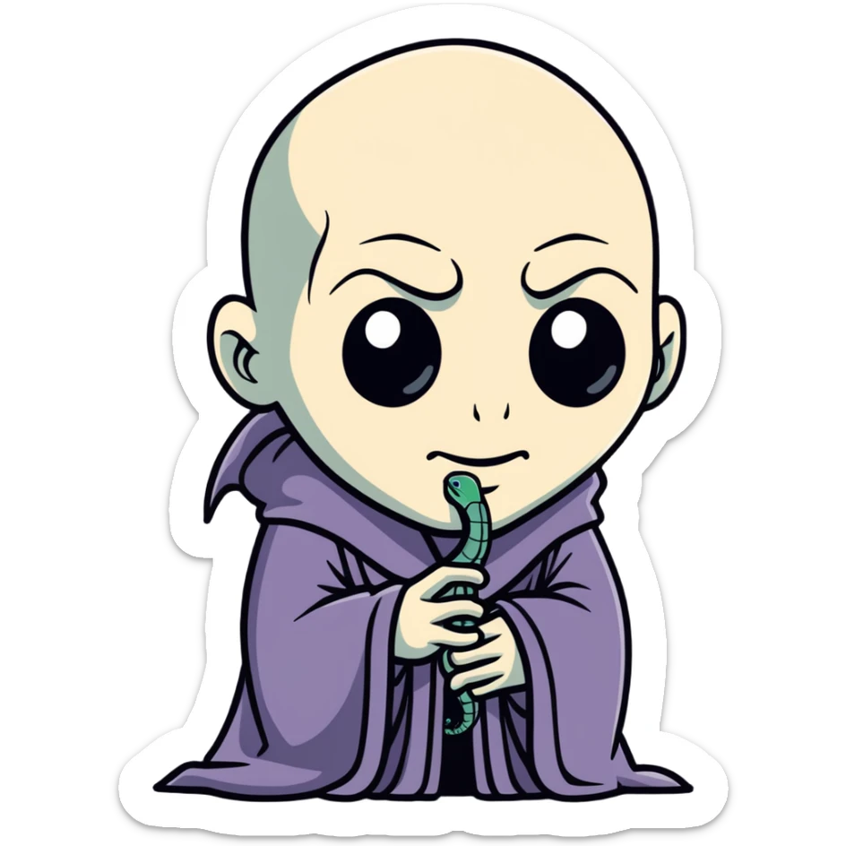 cartoon style Voldemort, pale skin, no nose, dark robes, snake-like features sticker