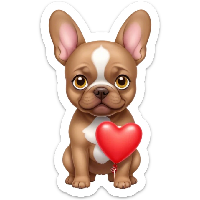  brown  French bulldog puppy with yellow eyes carrying red heart balloons  sticker