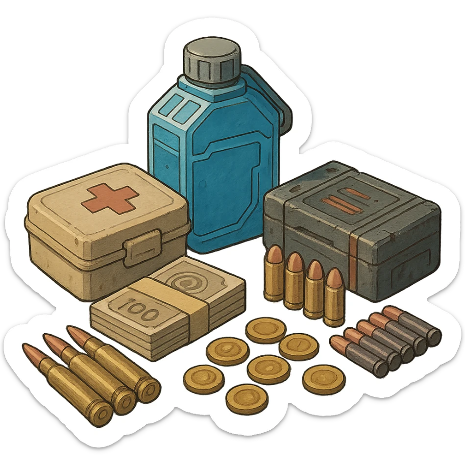 the image is the icon for a videogame  item. futuristic cyberpunk -ready to equip- it is master craftsmanship [ unequipped item ]
It is a pile of miscilaneous loot, some ammunition, credits, koans, first-aid, and a hydrator sticker