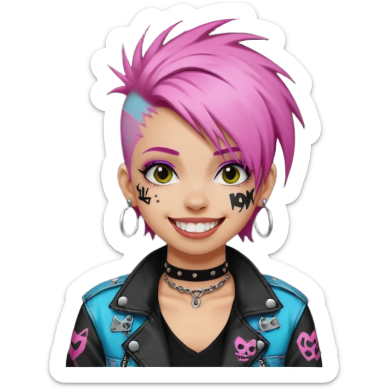 a punk girl with dyed hair and wear a punk graffiti jacket with black choker grin playfully  sticker