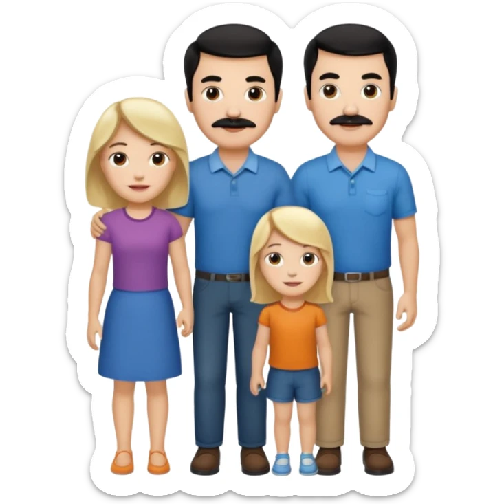 Mom with brown hair. Dad with black hair and mustache. 2 sons with blonde hair. 1 daughter with blonde hair. sticker