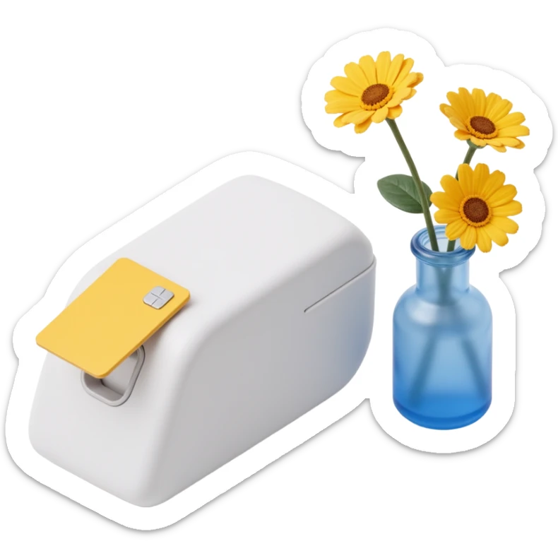 a skeuomorphism style icon featuring a white modern payment terminal with a card inserted, next to a blue vase with yellow flowers, soft lighting, similar composition to the reference sticker