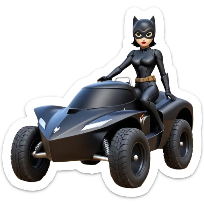 Rc toy with aerodynamic sexy fenders on Catwoman’s buxom attractive armored midnight-colored tight outfit from tv series style dark knight movie stealthy accurate sporty safe deluxe off-road fast pursuit prototype concept car (black hair, sitting back but driving aggressively) secret rally car sticker