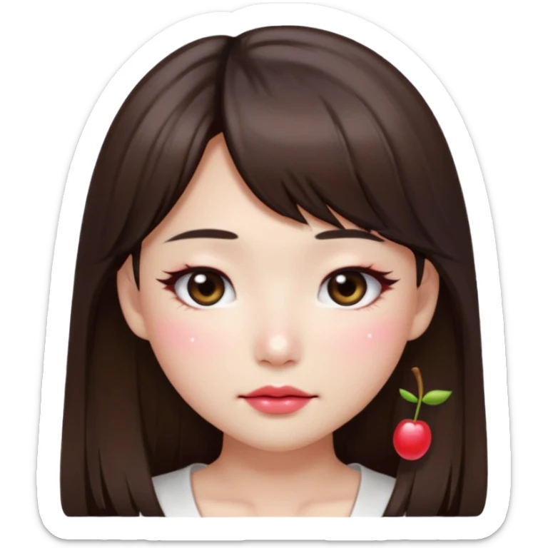 “japanese style Emoji brunette girl long hair with side bangs white top, dewy skin, heavy blush across cheeks and nose bridge, glossy cherry lips, soft eyeliner, teary sparkling eyes sticker