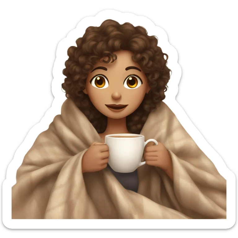 Brown hair Girl with curly hair drinking tea, with a cozy nude blanket sticker