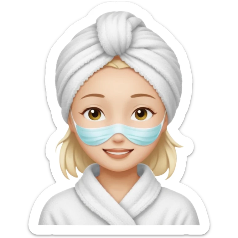 cute girl with her eyes closed and smiling, wearing a white spa towel as her clothes in she has a white spa towel on her head, white face skincare mask whole face sticker