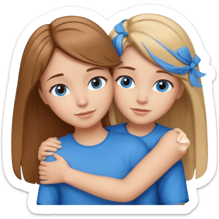 two Girls, Brown and Blonde hair, with Blue Eyes hugging one has Brown hair sticker