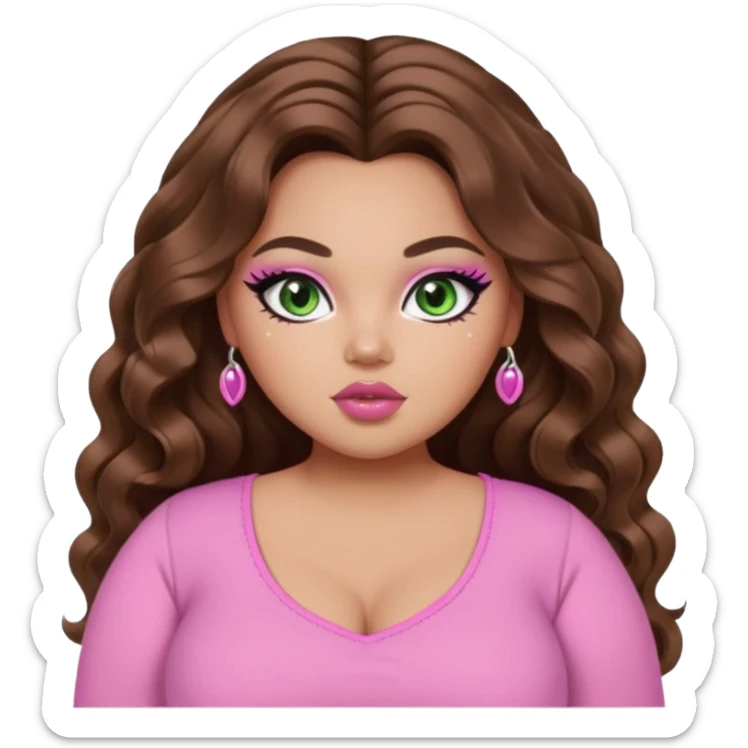  long brown wavy hair, light skin, green eyes, pretty bratz baddie, big plus size , black eyeliner, blush, pink girly top sticker