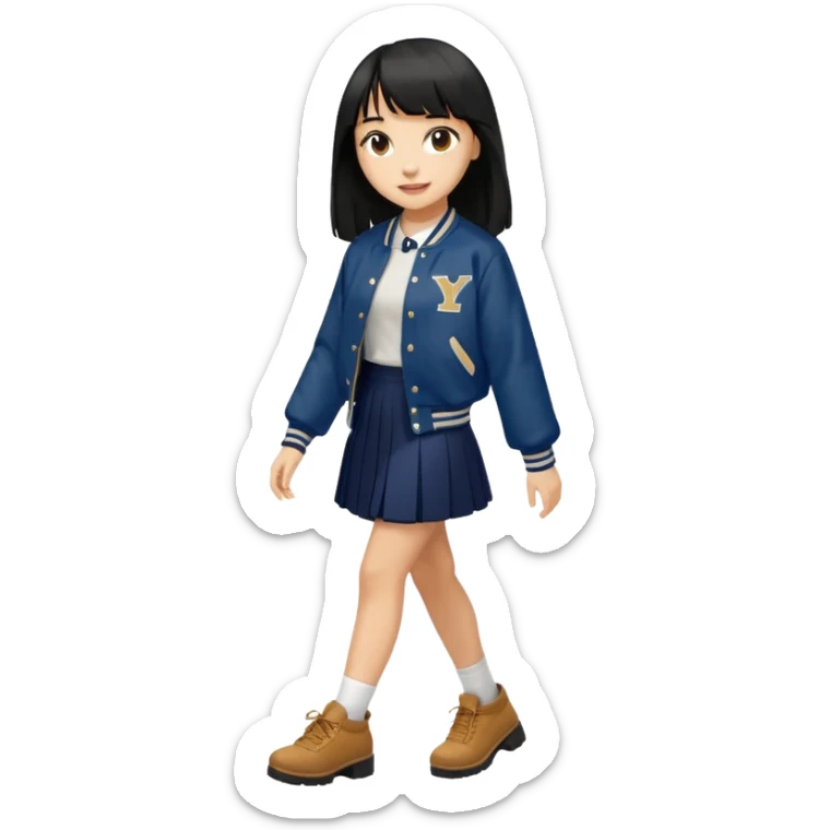hair : black long hair with fringe (almost waist length) 
skin : light 
outer : deep brown varsity jacket (oversize) 
skirt : navy long long skirt (under knee, close to toe)  
motion : walking alone 


 sticker