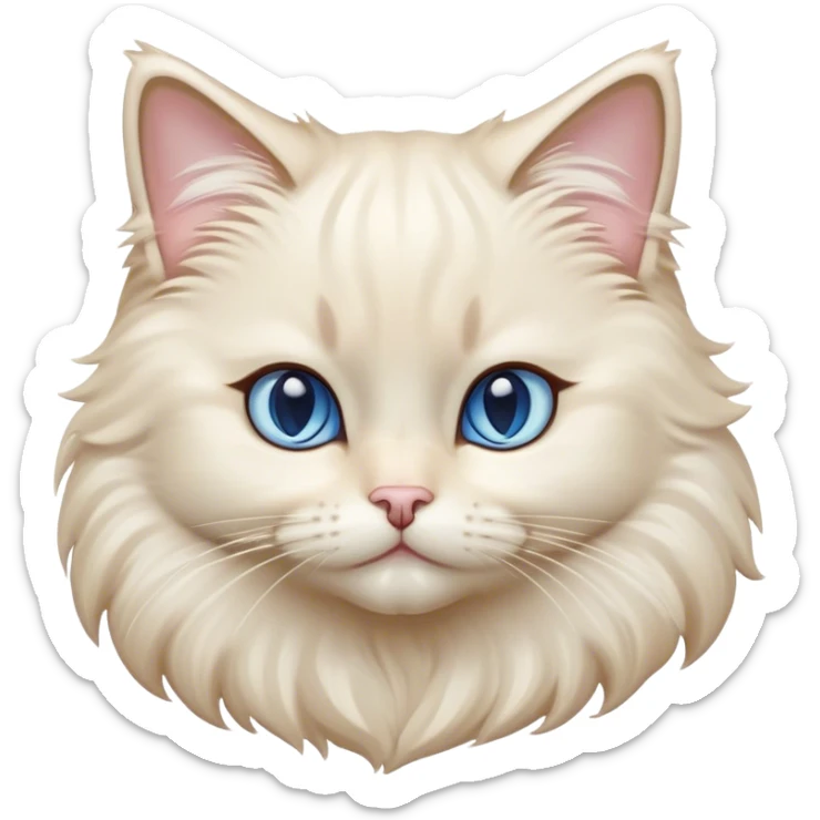 Cinematic Adorable Fluffy Cream Ragdoll Cat Portrait Emoji, Head tilted gracefully with soft, sparkling blue eyes, silky cream-colored fur with subtle darker points on the ears, face, and paws, Simplified yet noble features, highly detailed, glowing with a warm and gentle radiance, high shine, affectionate and poised, stylized with an air of elegance, bright and endearing, soft glowing outline, capturing the essence of a majestic and loving kitty, so dignified it feels like it could spring into action at any moment with grace! sticker