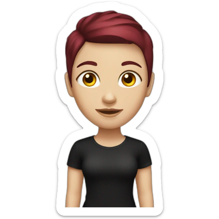 a white girl with burgundy short hair in a black T-shirt sticker