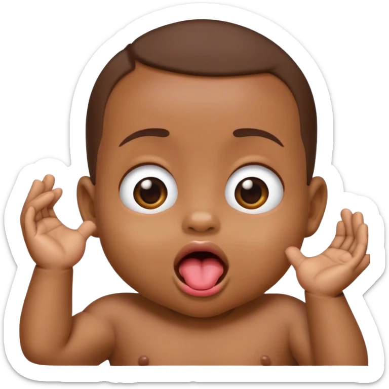 Emoji baby with little hands coming from the inside of its mouth. The hands are It’s tounge sticker