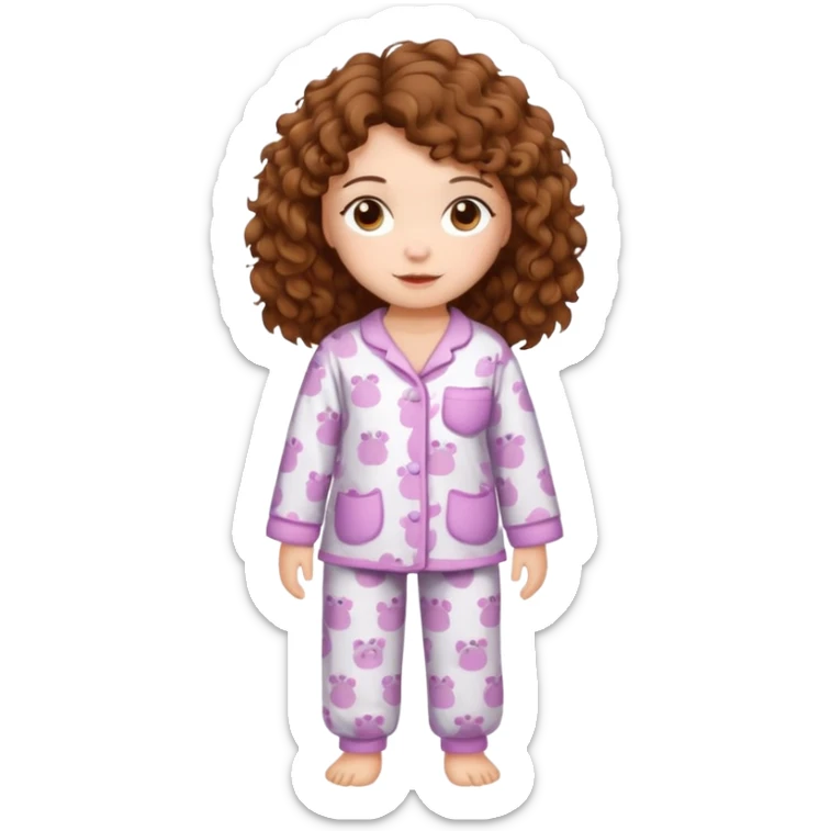 Grown up Woman with brown eyes, brown curly hair, white skin, full body in cute pijama bear sticker