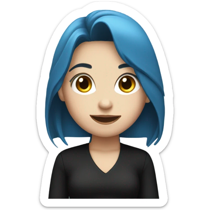 white skin girl with long blue hair in black clothes holding a phone sticker