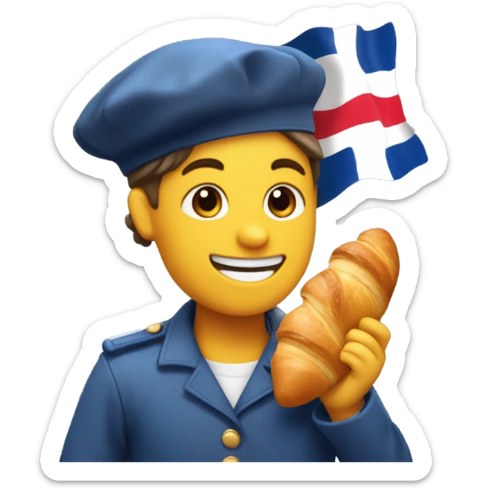 default smiling happy emoji wearing a beret holding a croissant and baguette in front of the french flag sticker