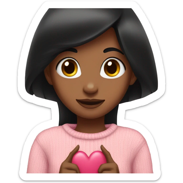 A girl with straight black hair in a pink sweater shows her heart with her hands sticker