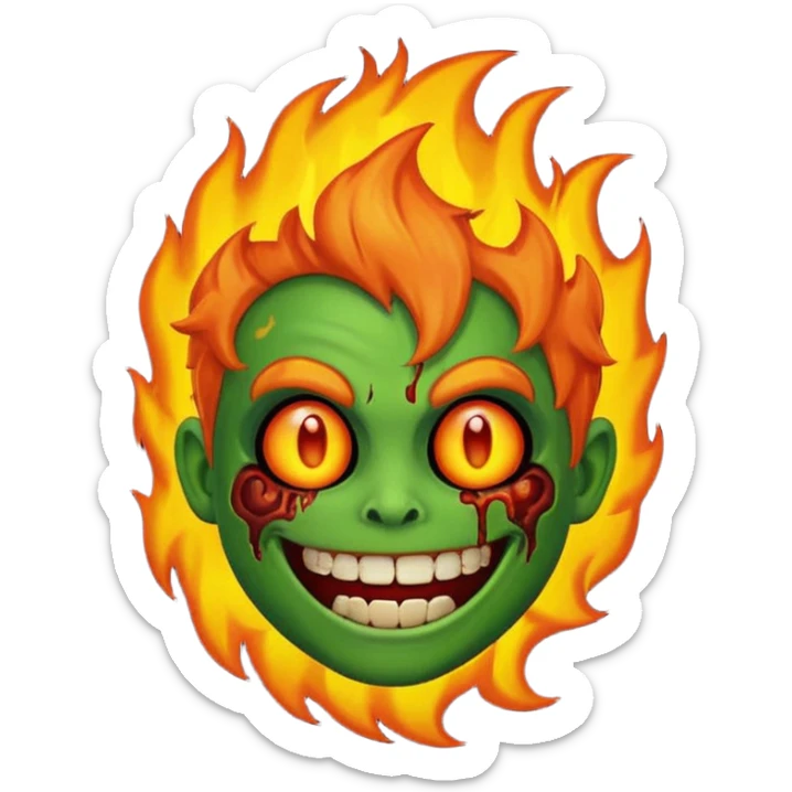 cartoon emoji-style fire zombie, green skin, burning hair sticker