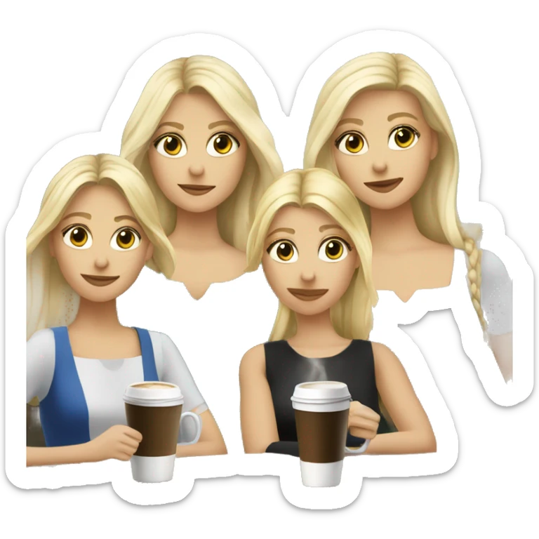 Four beautiful white european girls, one with blond hair and two dark blond hair in dresses have coffee sticker