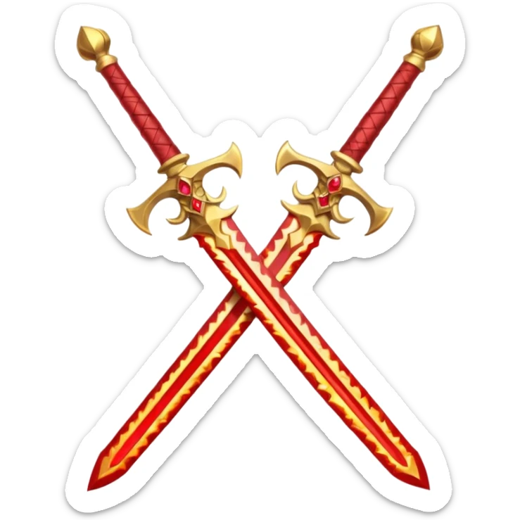 Two crossed swords that are golden in blade and handle and have fiery and royal appearence to them as well as red gem stones sticker