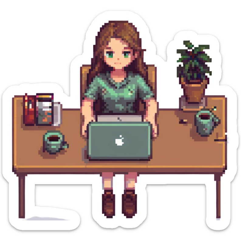 girl at desk with MacBook, coffee cup nearby, cozy atmosphere, pixel art style sticker